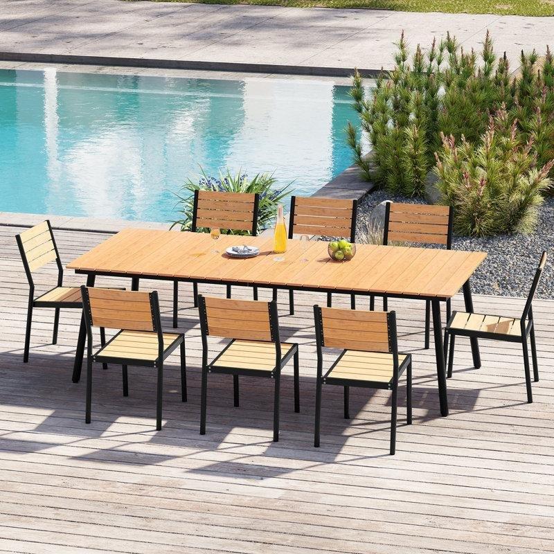 Siyah Alüminyum ve Ahşap Kompozit Şemsiye Delikli 8 Kişilik Bahçe Masa Takımı - 240x107 cm - 215005