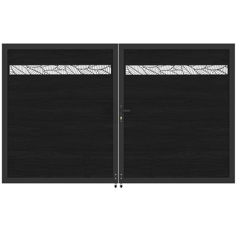 Siyah Alüminyum ve Kompozit Lazer Kesim Desenli Çift Kanatlı Bahçe Kapısı - 302x180 cm - 172698