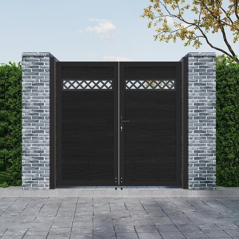 Siyah Alüminyum ve Kompozit Lazer Kesim Desenli Çift Kanatlı Bahçe Kapısı - 302x180 cm - 172698