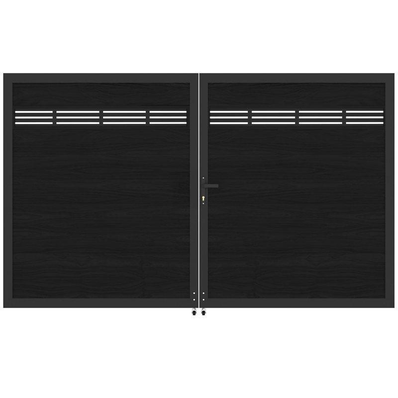 Siyah Alüminyum ve Kompozit Lazer Kesim Desenli Çift Kanatlı Bahçe Kapısı - 302x180 cm - 172698