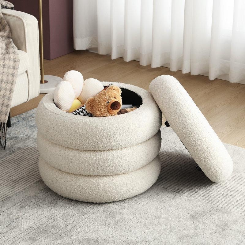 Siyah Ayaklı Bukle Kumaş Kapitoneli Yuvarlak Sandıklı Puf - 50 cm - 164800