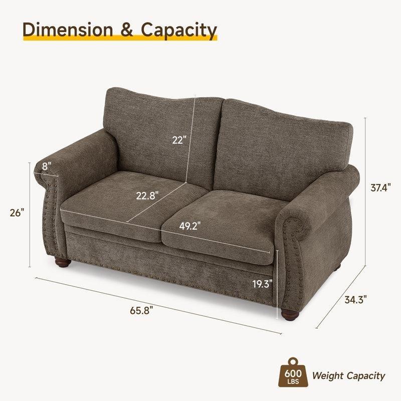 Siyah Ayaklı Şönil Kumaş Çivi Detaylı Chester İkili Koltuk - 168x87x95 cm - 208026