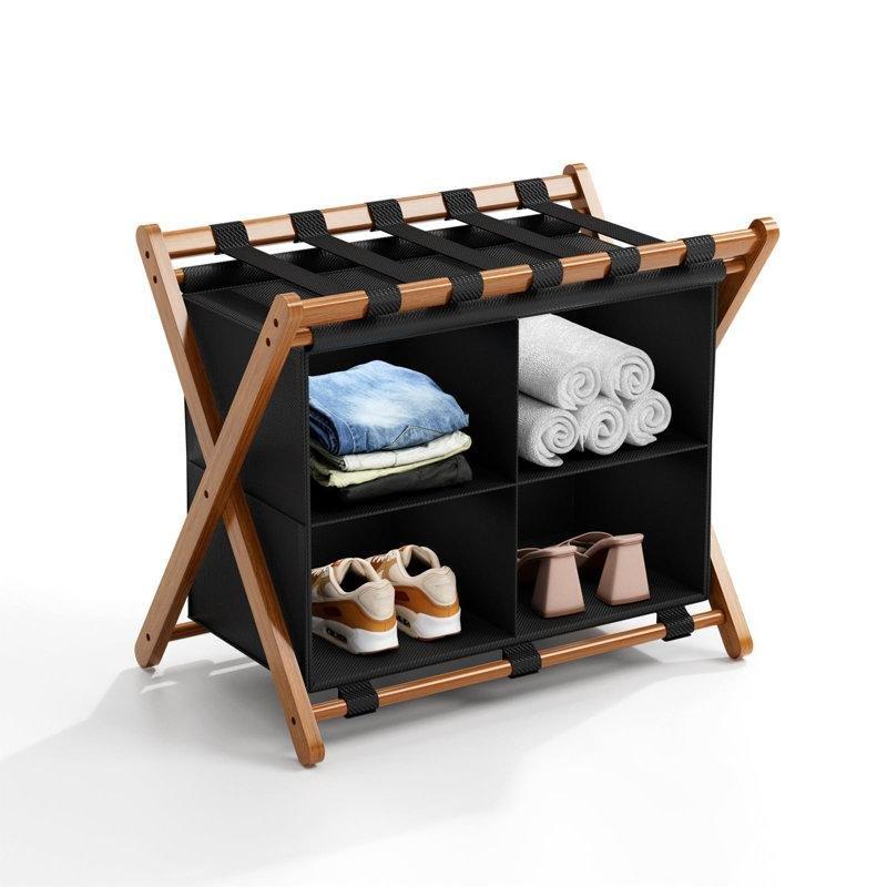 Siyah Bambu Katlanabilir 4 Bölmeli Valiz Sehpası - 69x41x58 cm - 186896