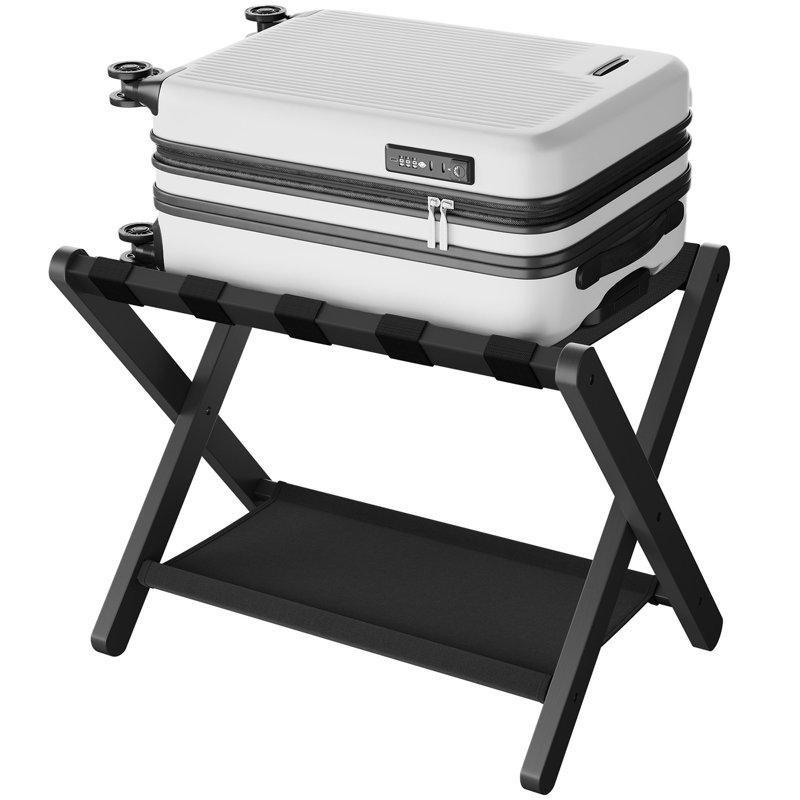 Siyah Bambu Katlanabilir Alt Raflı Valiz Sehpası - 67x47x51 cm - 187030