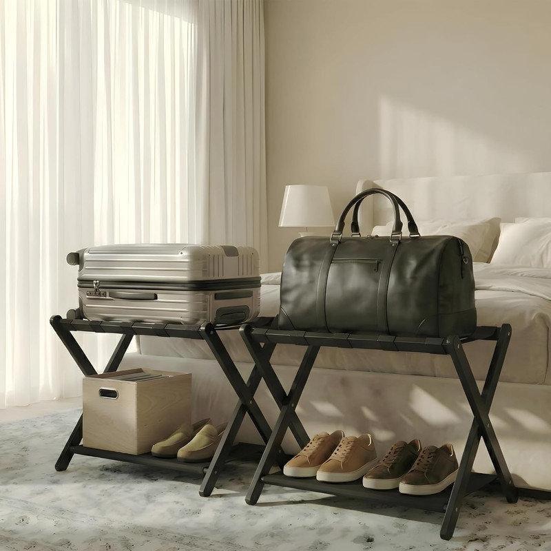 Siyah Bambu Katlanabilir Raflı Valiz Sehpası - 68 cm - 186989