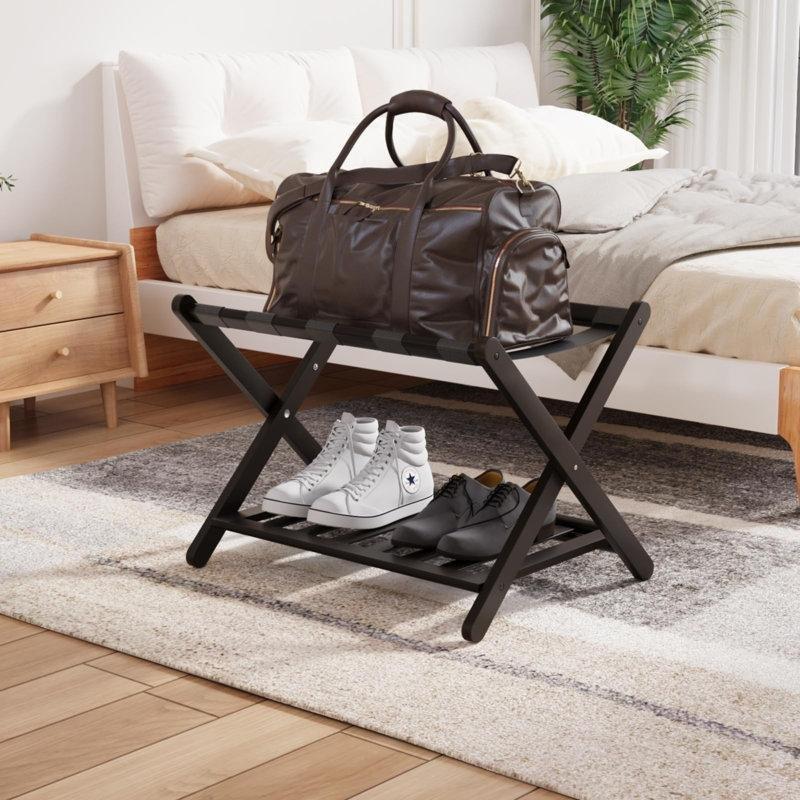 Siyah Bambu Katlanabilir Raflı Valiz Sehpası - 68x43x58 cm - 186859