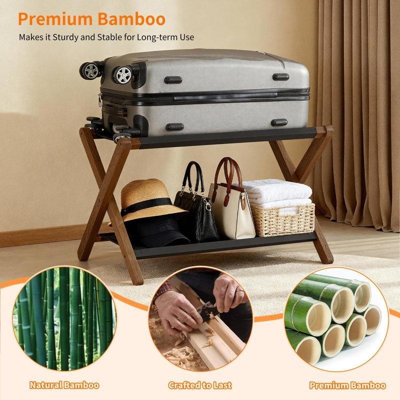 Siyah Bambu Katlanabilir Raflı Valiz Sehpası - 68x46x52 cm - 186889