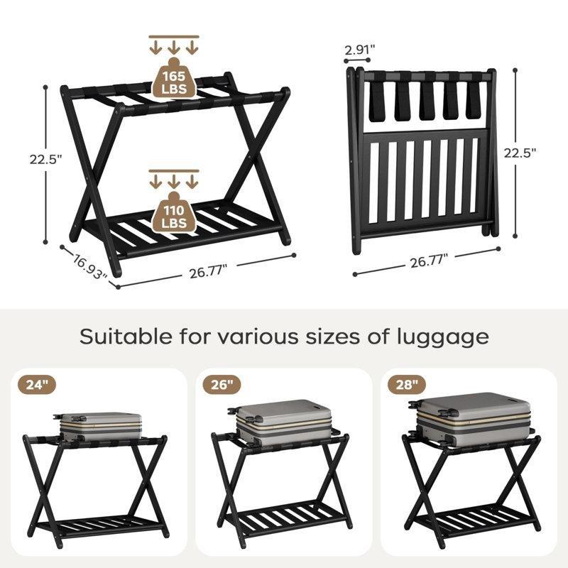 Siyah Bambu Katlanır Raflı 2li Set Valiz Sehpası - 68 cm - 186833