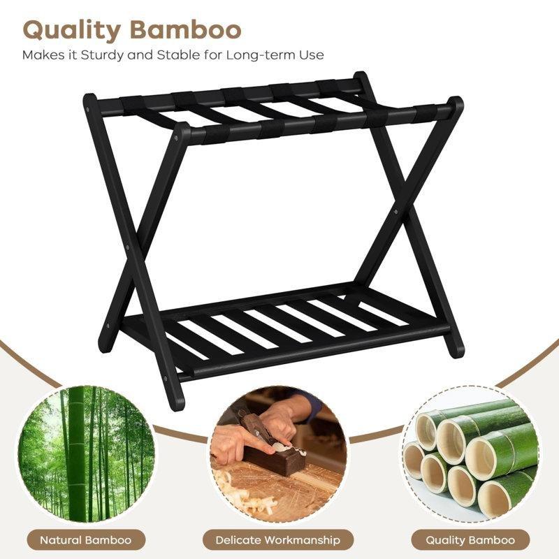 Siyah Bambu Katlanır Raflı 2li Set Valiz Sehpası - 68 cm - 186833