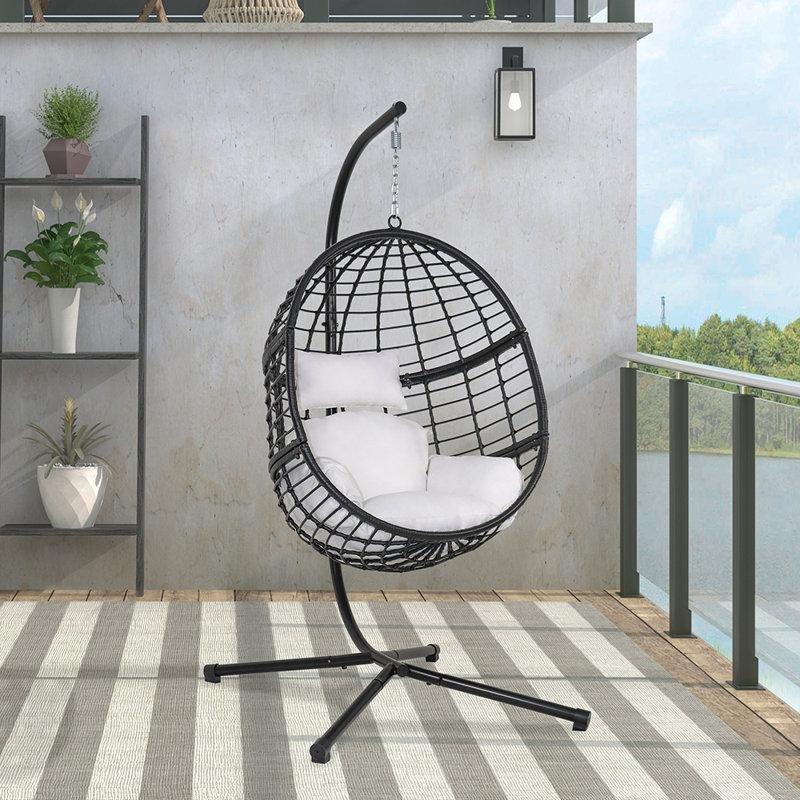 Siyah Beyaz Hasır Ayaklı Yumurta Tipi Tek Kişilik Balkon Salıncağı - 174585