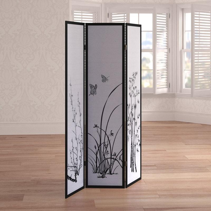 Siyah Beyaz Masif Ahşap Çiçek ve Bambu Desenli Katlanır Shoji Paravan - 180x133 cm - 184604