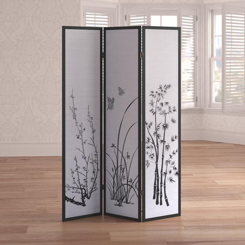 Siyah Beyaz Masif Ahşap Çiçek ve Bambu Desenli Katlanır Shoji Paravan - 180x133 cm - 184604