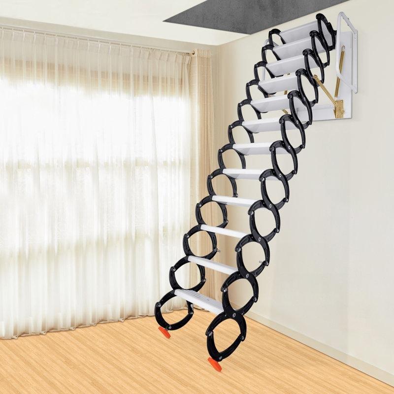 Siyah Beyaz Metal Katlanır Duvara Monte Çatı Merdiveni - 310 cm - 171554