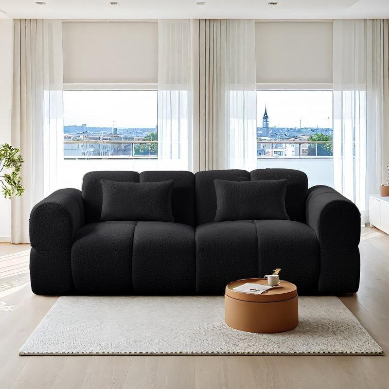 Siyah Bukle Kumaş Kapitoneli İkili Koltuk - 204 cm - 207601