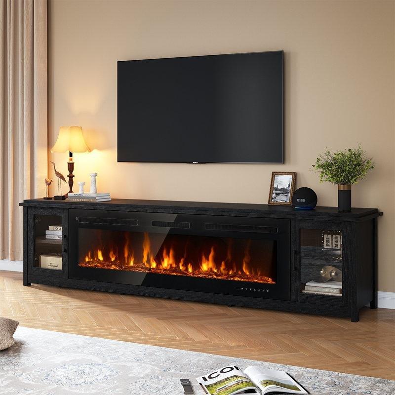 Siyah Cam Kapaklı Akıllı Wi-Fi Kontrollü Elektrikli Şömineli TV Ünitesi - 230 cm - 220487