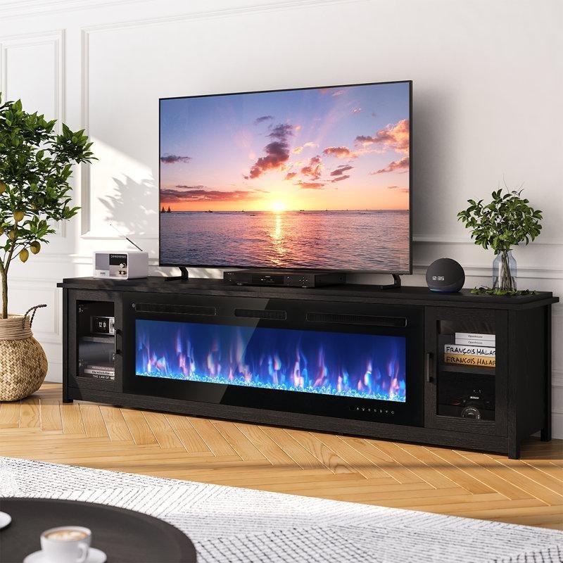 Siyah Cam Kapaklı Akıllı Wi-Fi Kontrollü Elektrikli Şömineli TV Ünitesi - 230 cm - 220487