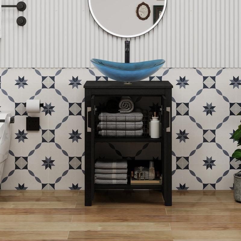 Siyah Cam Lavabolu Çift Kapaklı Raflı Ayaklı Banyo Lavabo Dolabı - 61 cm - 202172