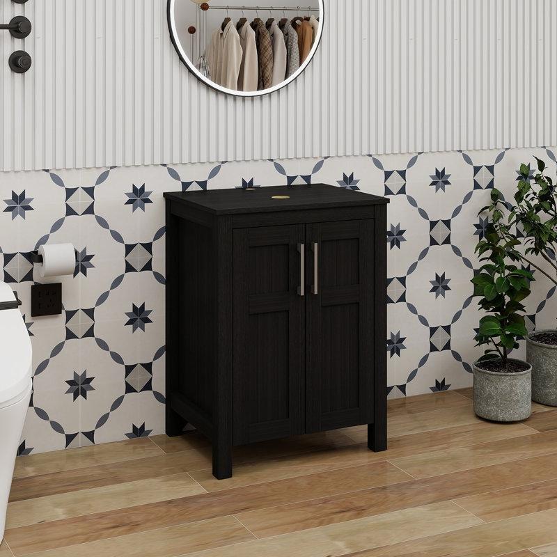 Siyah Cam Lavabolu Çift Kapaklı Raflı Ayaklı Banyo Lavabo Dolabı - 61 cm - 202172