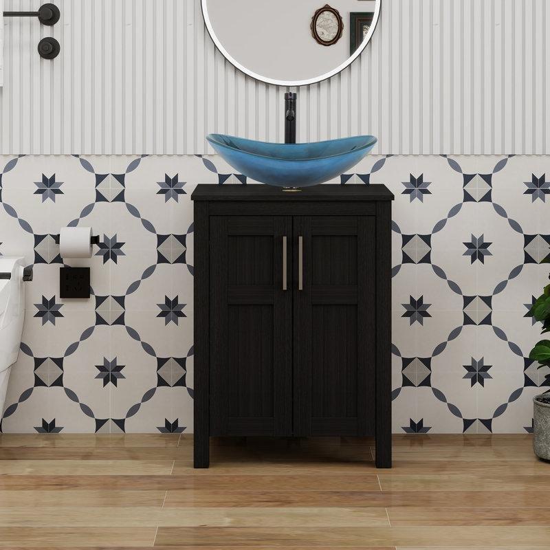 Siyah Cam Lavabolu Çift Kapaklı Raflı Ayaklı Banyo Lavabo Dolabı - 61 cm - 202172