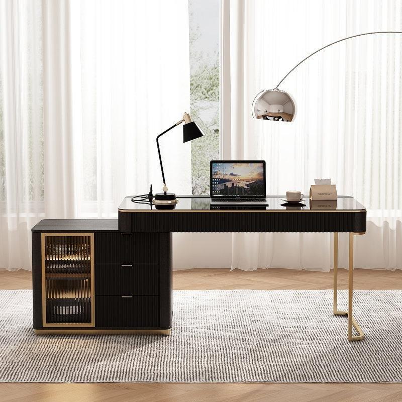 Siyah Cam Tabla Ahşap Dahili Prizli ve USB Portlu LED Işıklı Çekmeceli Ofis Masası - 127x59 cm - 177093