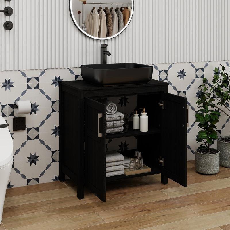 Siyah Cam Tezgahlı Ahşap Çanak Lavabolu Ayaklı Banyo Dolabı - 77 cm - 199939