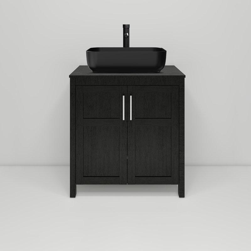 Siyah Cam Tezgahlı Ahşap Çanak Lavabolu Ayaklı Banyo Dolabı - 77 cm - 199939