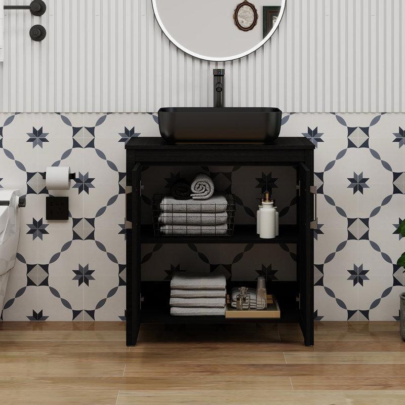 Siyah Cam Tezgahlı Ahşap Çanak Lavabolu Ayaklı Banyo Dolabı - 77 cm - 199939