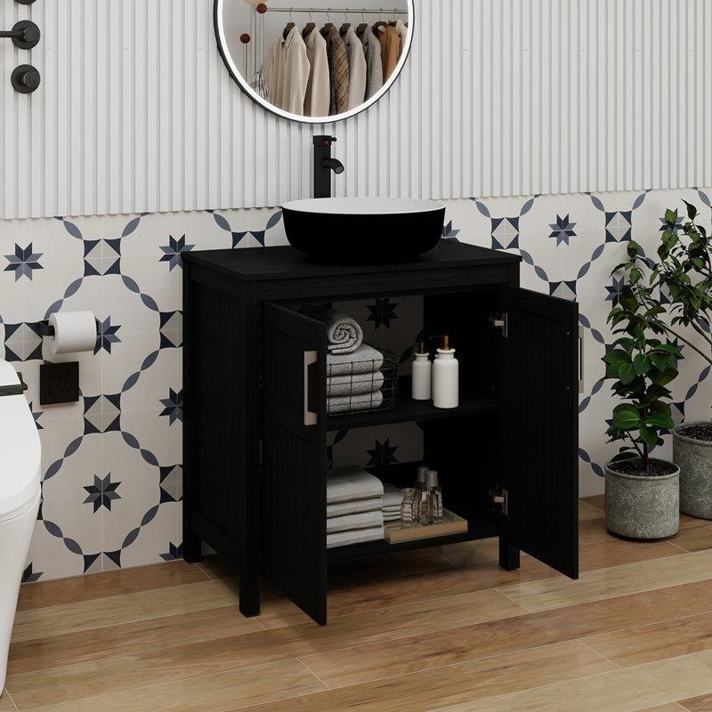 Siyah Cam Tezgahlı Çanak Lavabolu Yavaş Kapanır Ayaklı Banyo Lavabo Dolabı - 77 cm - 200187