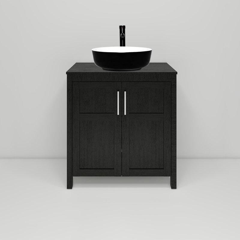 Siyah Cam Tezgahlı Çanak Lavabolu Yavaş Kapanır Ayaklı Banyo Lavabo Dolabı - 77 cm - 200187