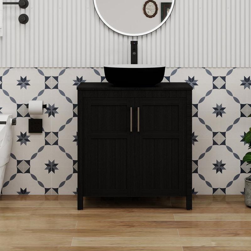 Siyah Cam Tezgahlı Çanak Lavabolu Yavaş Kapanır Ayaklı Banyo Lavabo Dolabı - 77 cm - 200187