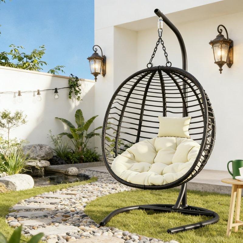 Siyah Çelik Ayaklı Minderli HDPE Hasır Balkon Salıncağı - 199x97 cm - 174330