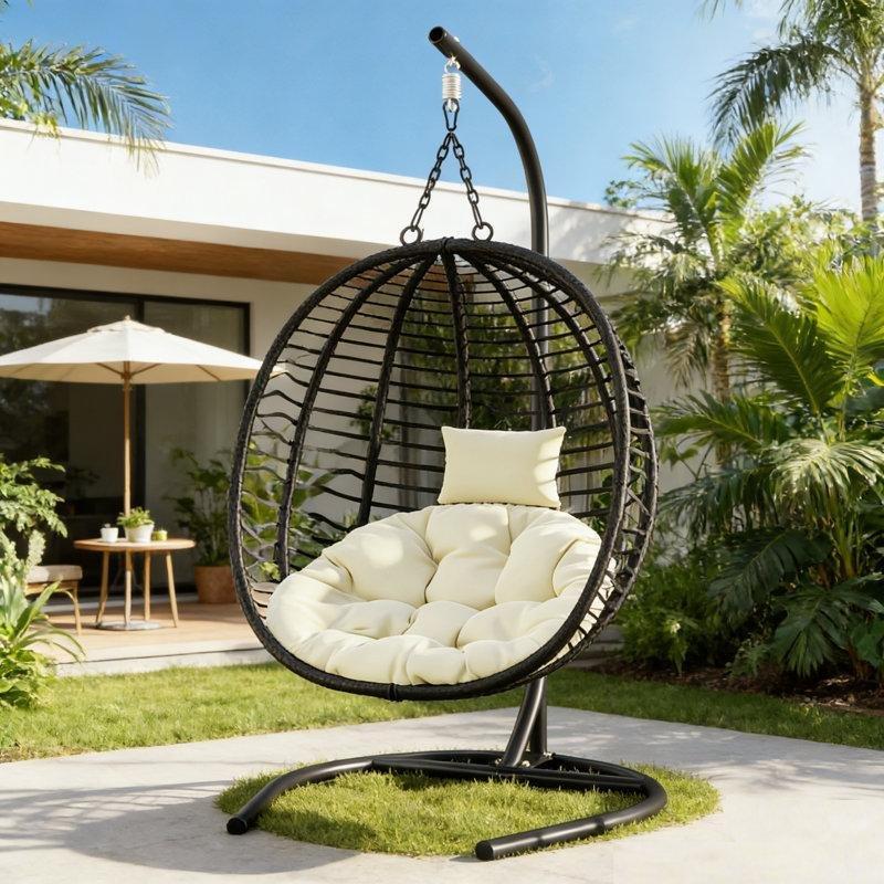 Siyah Çelik Ayaklı Minderli HDPE Hasır Balkon Salıncağı - 199x97 cm - 174330