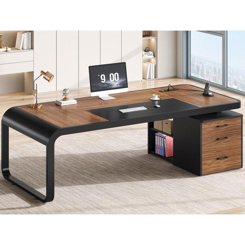 Siyah Çelik Ayaklı Prizli ve Çekmeceli Masif Ahşap Ofis Masası - 181x81 cm - 177140