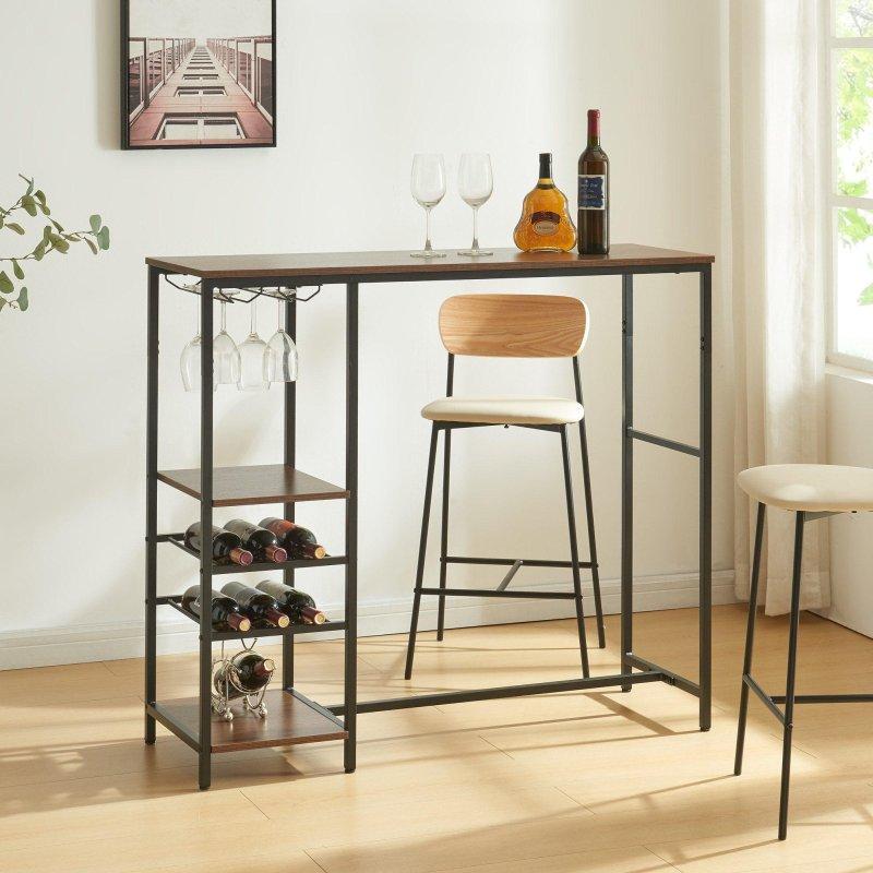 Siyah Çelik İskeletli Ceviz Raflı Şaraplıklı ve Kadeh Askılı Bar Masası - 120x40x105 cm - 232147