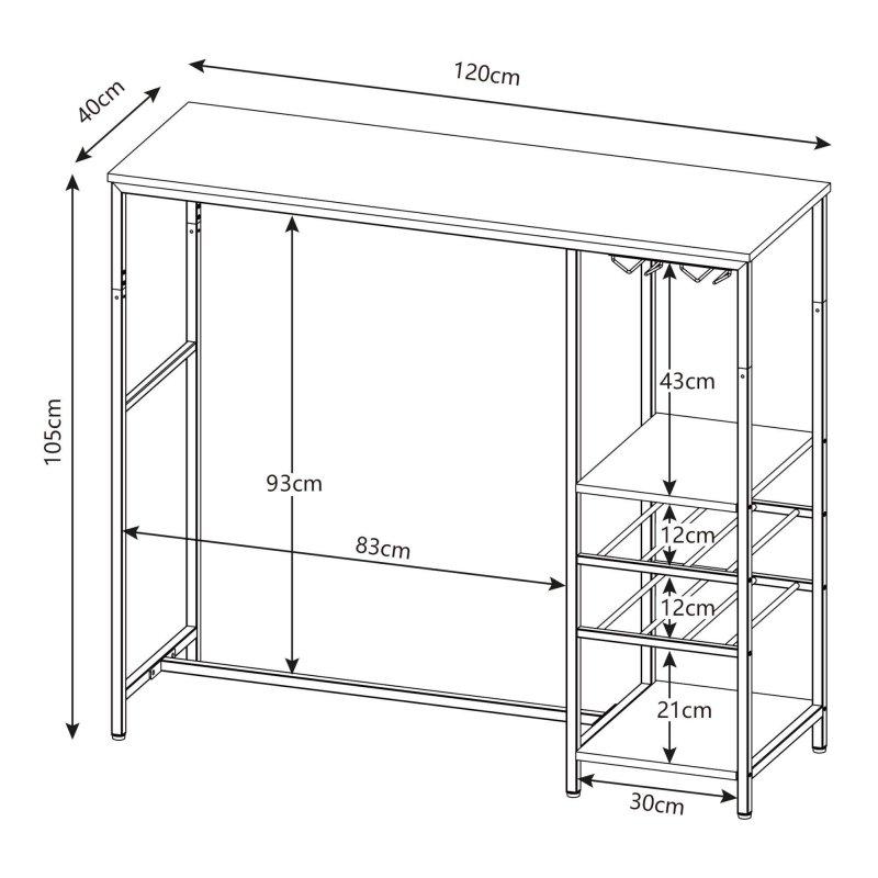 Siyah Çelik İskeletli Ceviz Raflı Şaraplıklı ve Kadeh Askılı Bar Masası - 120x40x105 cm - 232147