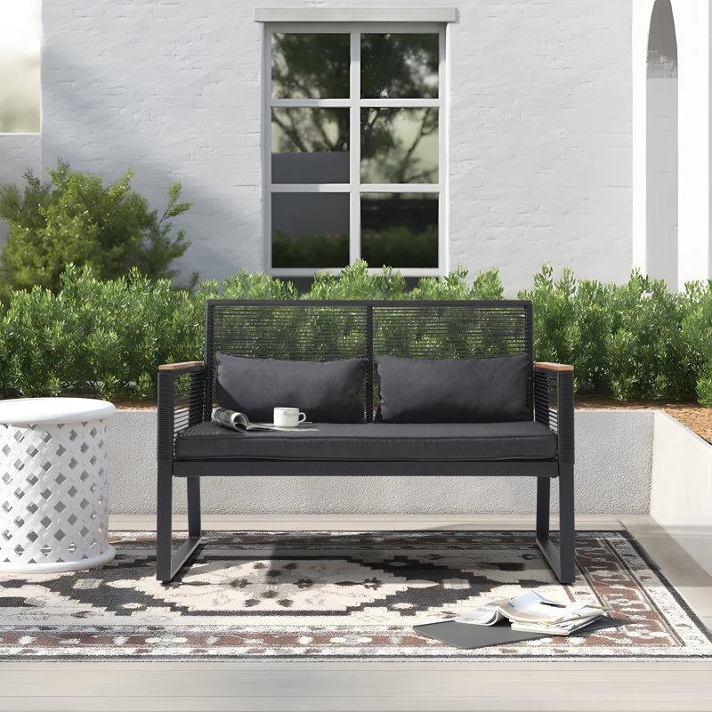 Siyah Çelik İskeletli Hasır Minderli Dış Mekan İkili Koltuk - 113 cm - 205710