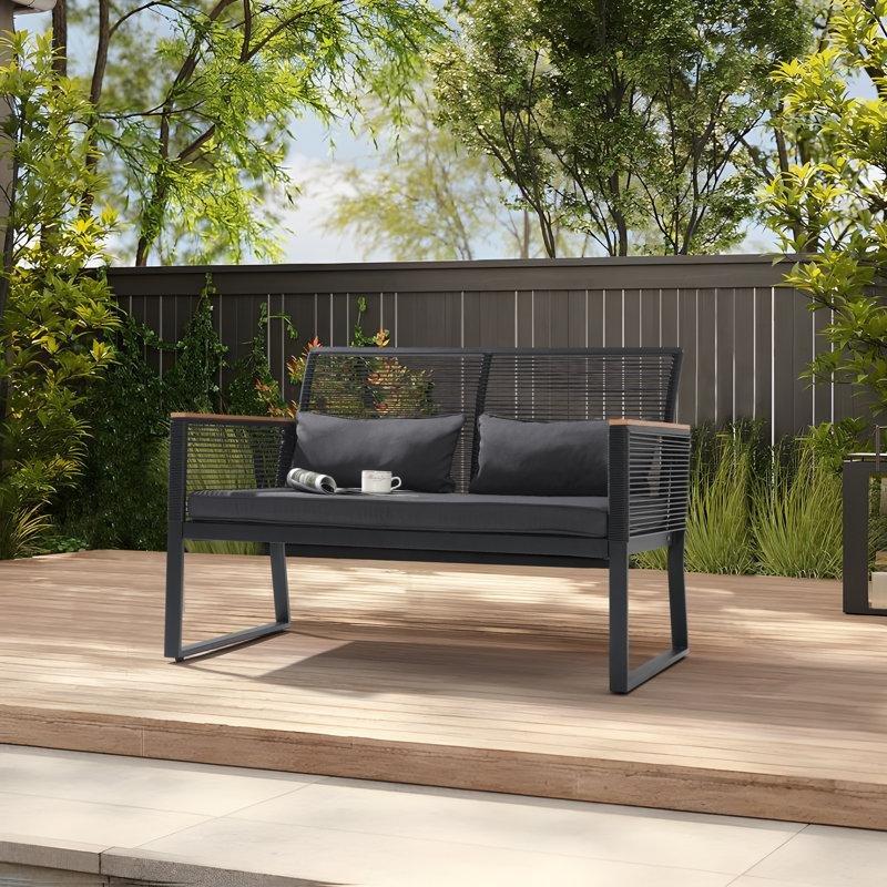 Siyah Çelik İskeletli Hasır Minderli Dış Mekan İkili Koltuk - 113 cm - 205710