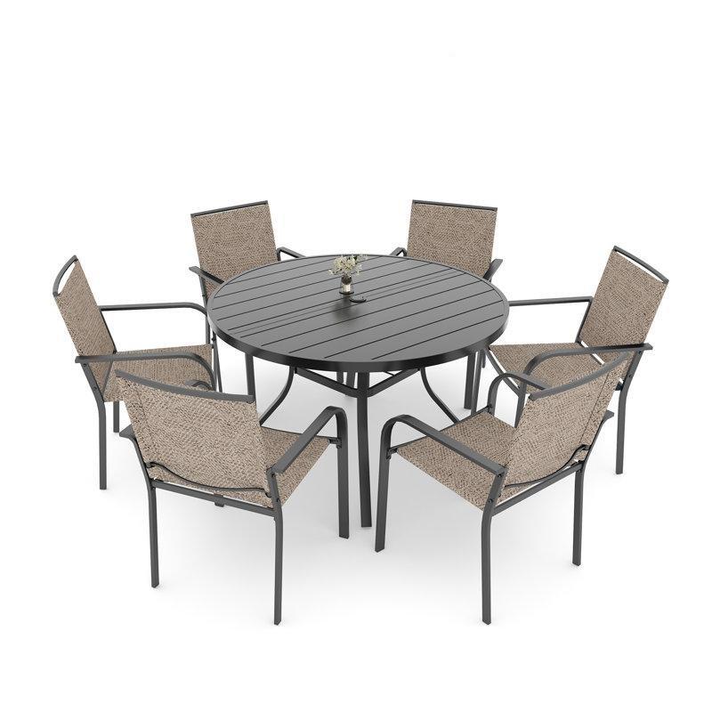 Siyah Çelik İstiflenebilir Sandalyeli Şemsiye Delikli Yuvarlak Bahçe Masa Takımı - 122 cm - 214246