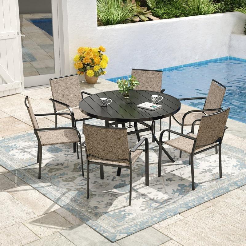 Siyah Çelik İstiflenebilir Sandalyeli Şemsiye Delikli Yuvarlak Bahçe Masa Takımı - 122 cm - 214246