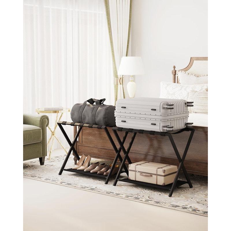 Siyah Çelik Katlanabilir Raflı 2li Set Valiz Sehpası - 69 cm - 186793