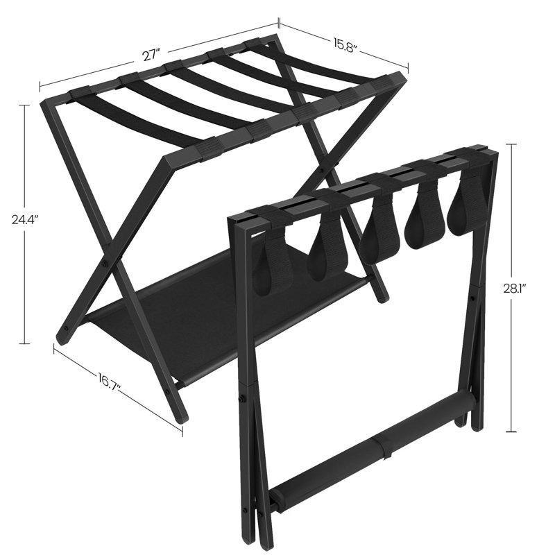 Siyah Çelik Katlanabilir Raflı 2li Set Valiz Sehpası - 69 cm - 186793