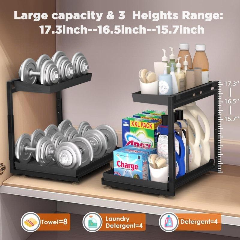 Siyah Çelik L Şekilli Ayarlanabilir Sürgülü 2 Katlı Dolap İçi Raf - 2li Set - 183001