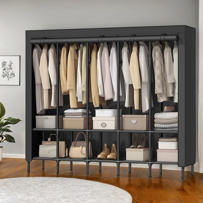Siyah Çelik Profilli 10 Raflı 5 Askılıklı Portatif Bez Dolap - 212x46x191 cm - 182964
