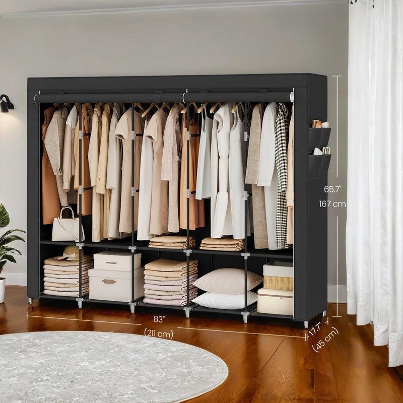 Siyah Çelik Profilli 5 Askılı Raflı Fermuarlı Bez Dolap - 212x45x167 cm - 182735