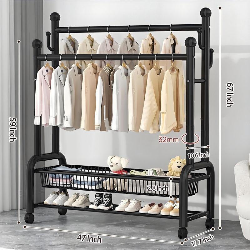Siyah Çelik Tekerlekli Çift Borulu ve Raflı Ayaklı Askılık - 120 cm - 165361