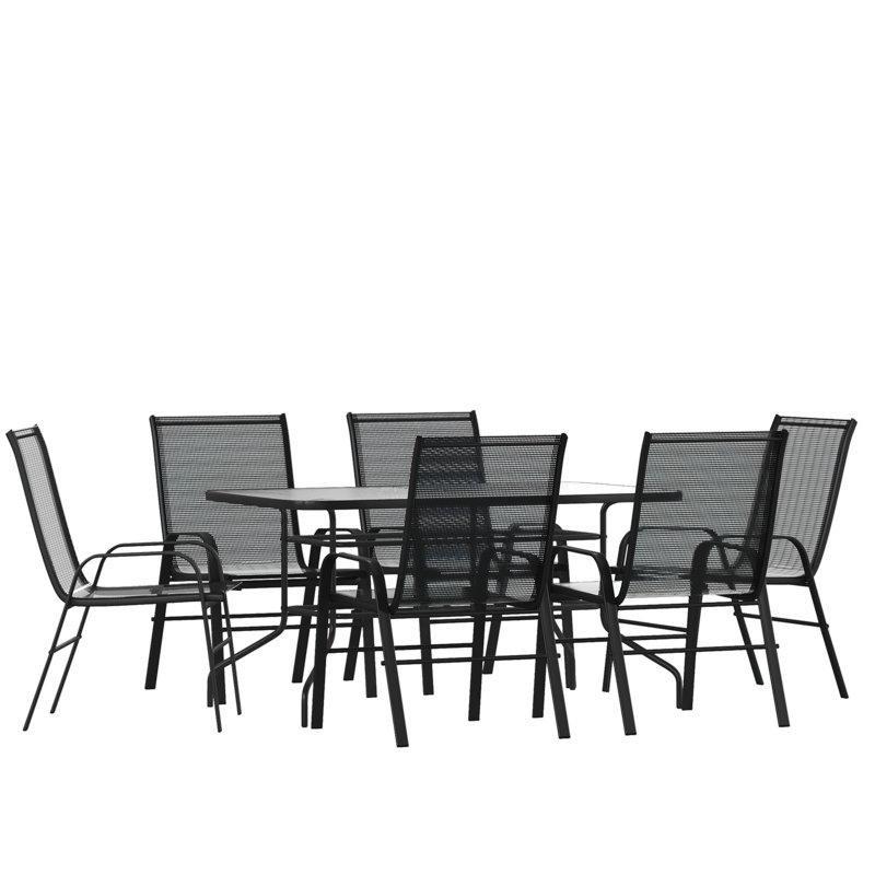 Siyah Çelik ve Cam Şemsiye Delikli İstiflenebilir Sandalyeli 6 Kişilik Bahçe Masa Takımı - 140x81 cm - 216910