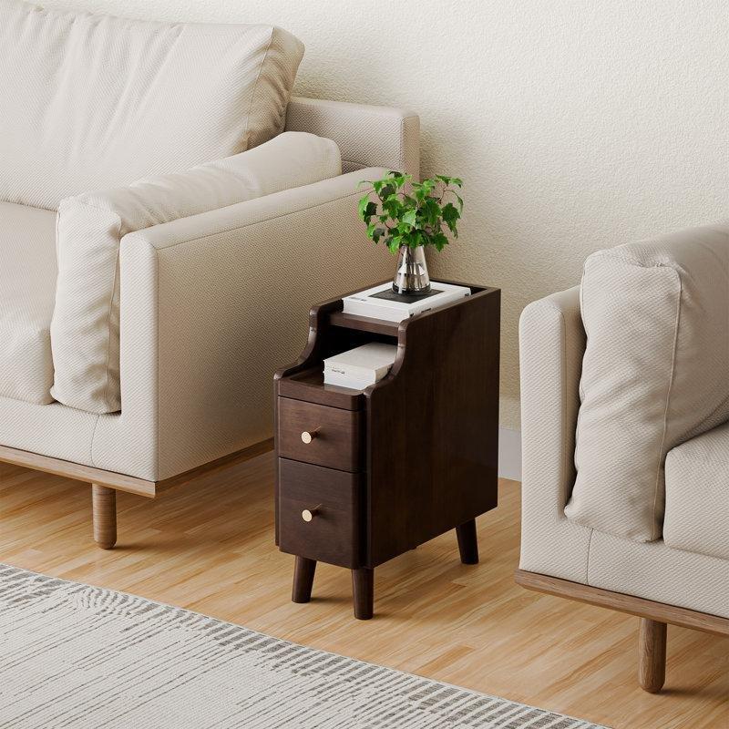 Siyah Ceviz Masif Ahşap İki Çekmeceli Raflı Dar Komodin - 20x41x51 cm - 223757