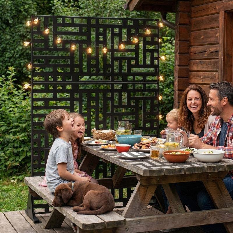 Siyah Demir 3 Panelli Ayaklı Bahçe Paravanı - 183x120 cm - 172738