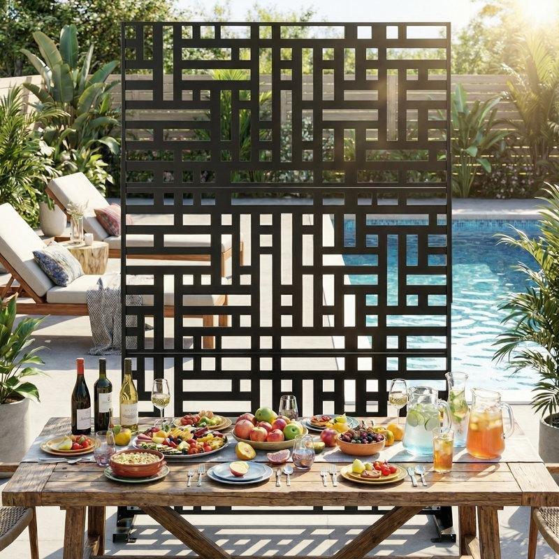 Siyah Demir 3 Panelli Ayaklı Bahçe Paravanı - 183x120 cm - 172738