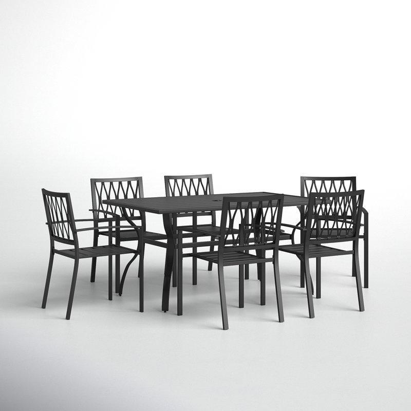 Siyah Demir İstiflenebilir Sandalyeli Şemsiye Delikli 6 Kişilik Bahçe Masa Takımı - 154x94 cm - 216489